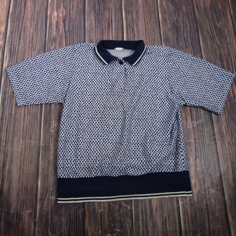 Impromptu Womens Large Blue Geometric Knit Polo Shirt Short Sleeve Casual Top
